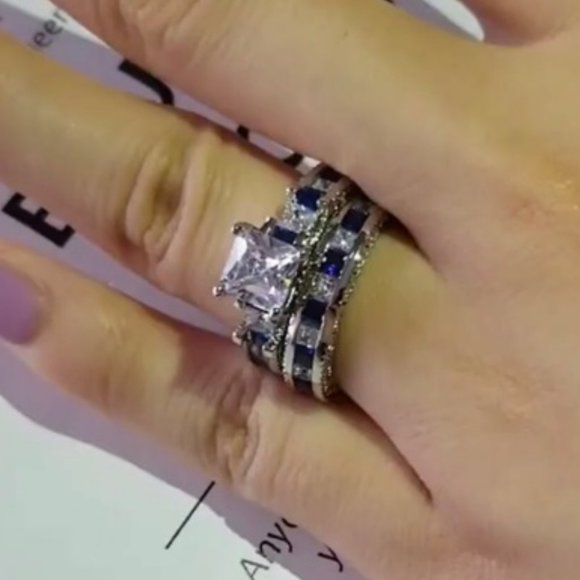 NEW 925 Sterling Silver Princess Cut Sapphire Ring - Picture 4 of 13